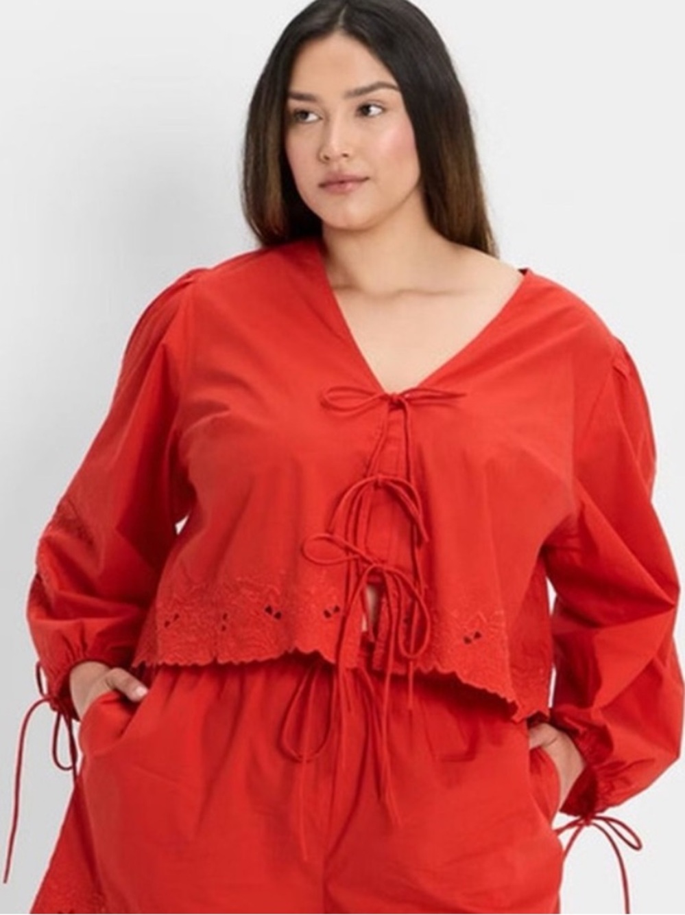 Red-OrangeTie-Front Embroidered Women's Top